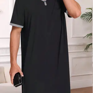 Men's Long Sleepwear Dress, Simple Colorblock Hem Short Sleeve V-Neck, Loose Fit Oversized Casual Lounge Wear for Bedroom, Comfortable Nightshirt, Loungewear