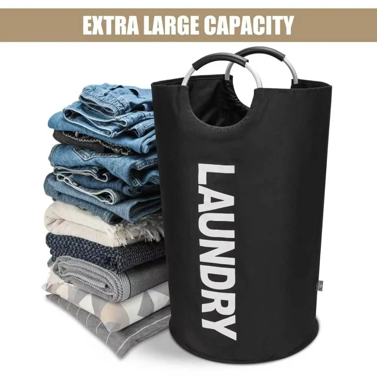 Foldable Laundry Hamper 79x38cm, Bluelander Multifunctional Basket, Aluminum Handle, Elegant Minimalist Design, Easy & Safe Carrying, Folding Laundry Basket, Collapsible Laundry Hamper