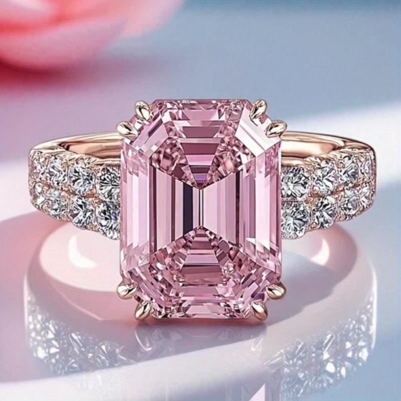 Shiny Pink Square Ring – Sparkling Cubic Zirconia, Silvery Plated, Ideal for Bridal Engagements, Anniversaries, Daily Wear – Cute Stylish Jewelry for Girls, Student Gifts