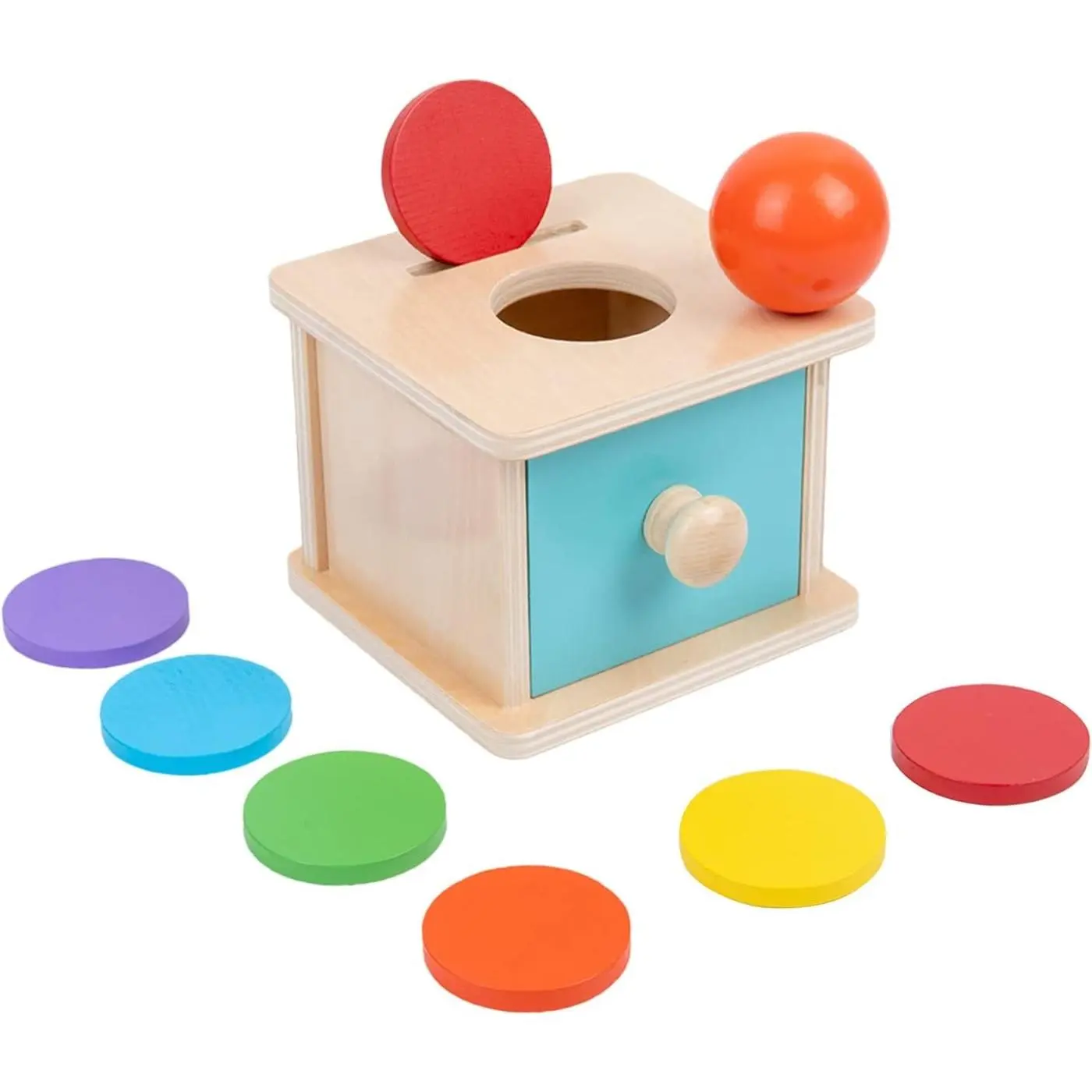Coin Box, 2 in 1 Object Permanence Box with Ball, Wooden Ball Drop Toys for 6-12 Month Infants, Developmental Learning Toys for 1 Year Old Baby, Kids Gifts (Blue Door)