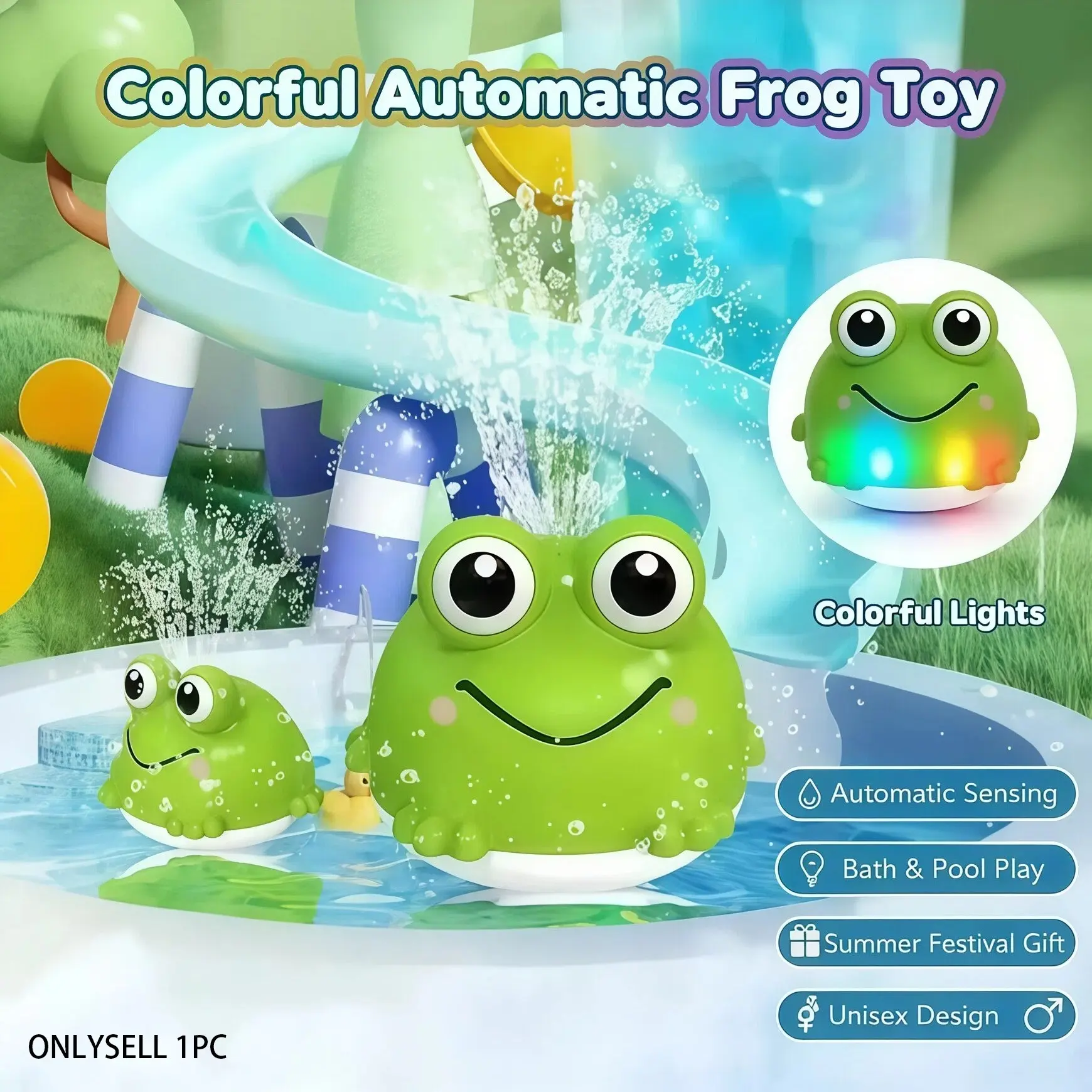 Automatic Sensing Water Frog Toy with Colorful Lights, Colorful Fountain Toy, Bath & Pool Play, bath tub, Summer Festival Gift, No Batteries Included, Unisex Design, Cute