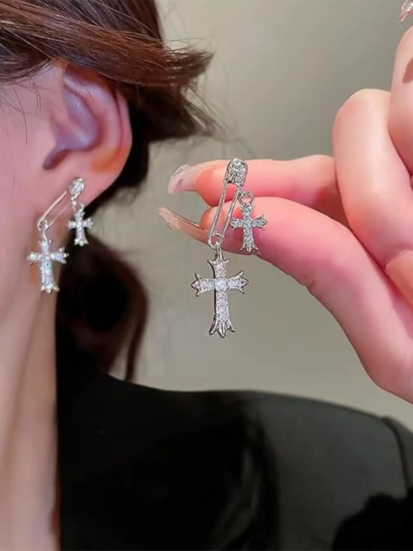 Safety Pin Cross Dangle Earrings, Pave Crystal Gothic Cross Drop Earrings, Y2K Grunge Alt Jewelry, Punk Silver Color Ear Jewelry, Gift for Women