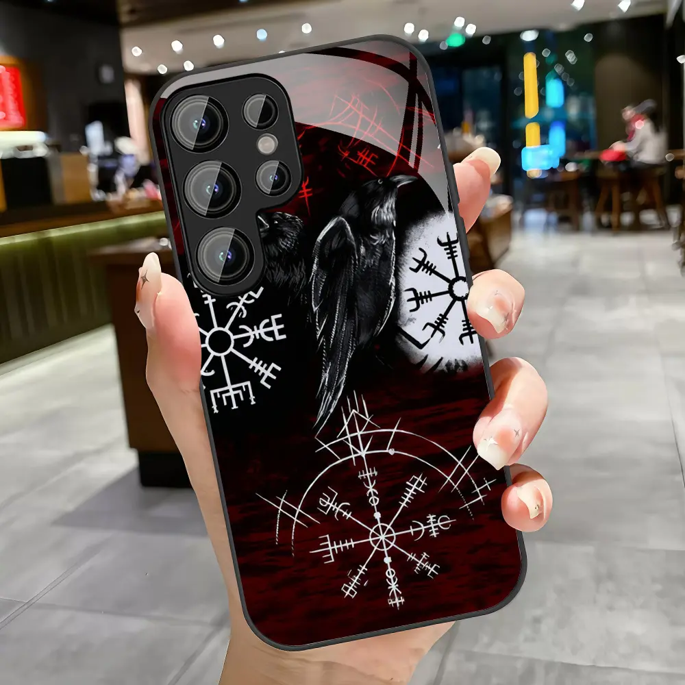 Raven Viking Rune Emblem Tempered Glass Phone Case - Nordic Gothic Vintage Cover with Protection for Samsung S26 S25 S24 S23 S22Pro S21 S20 Fe Plus Ultra Pro A56 A55 A54 A53 A52 A51 A36 A35 A34 A32 A26 A25 A24 A23 A16 A15 A14 A06 A05 A03s Devices