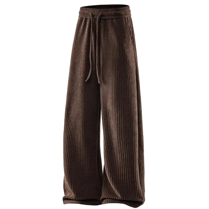 vertical ribbed knit wide leg trousers, elastic drawstring waistband, side pockets, loose flowy straight silhouette, soft thick knit fabric, cozy casual knit pants for spring autumn daily layered outfits