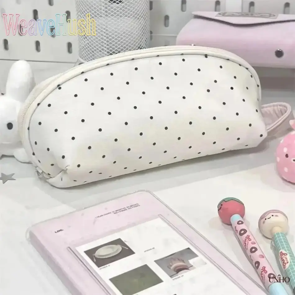 Girls' Cute Polka Dot Canvas Pencil Case - Pencil Pouch, Large-Capacity Double-Layer Multi-Compartment Stationery Organizer, Portable Zipper Bag for Back to School Supplies & Travel Cosmetics