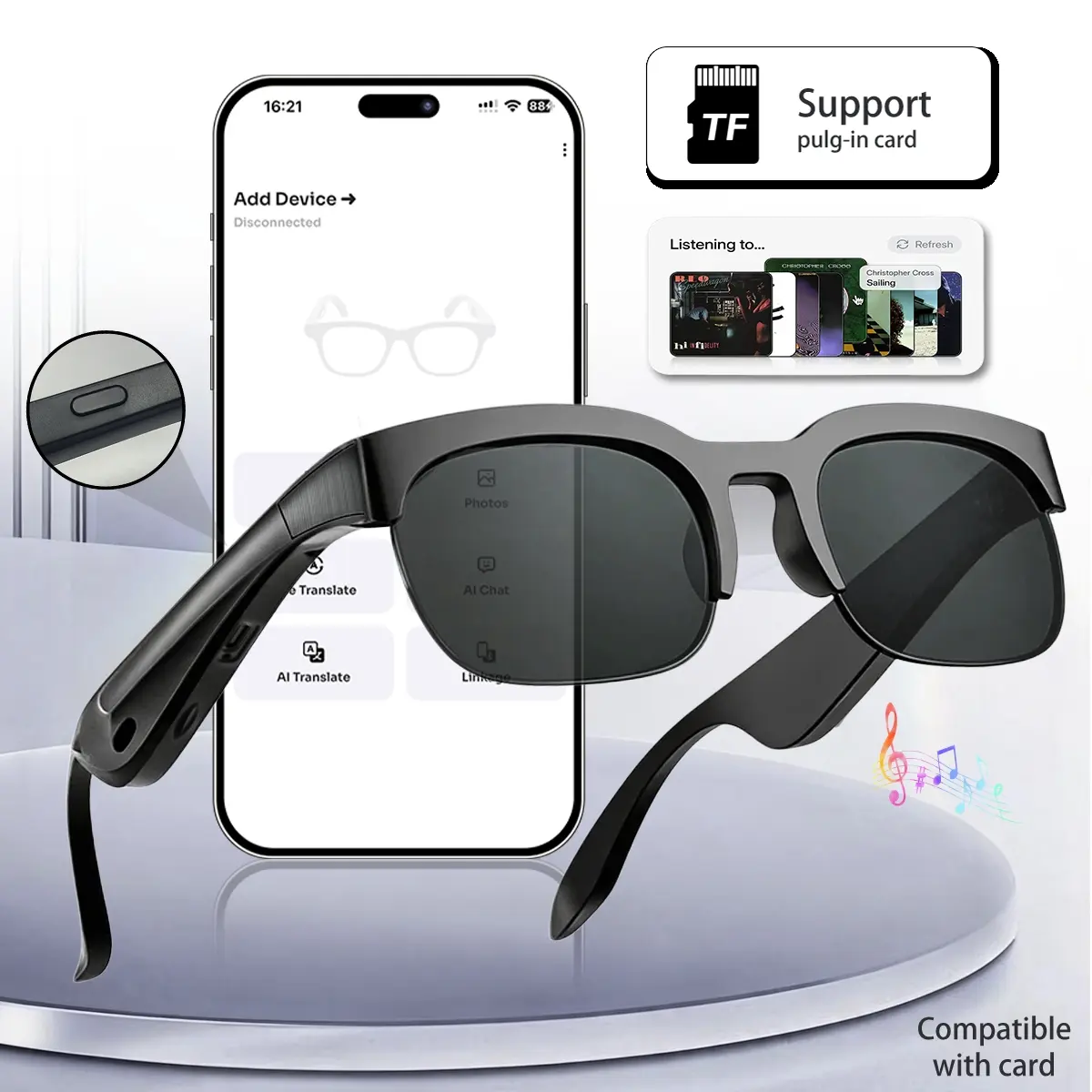 AI Smart Glasses with Free Forever Translation, Voice Assistant & Hands-Free Calling, Bluetooth 5.3 Music Sunglasses with UV Protection, Support TF Card, Ideal for Travel Business Outdoor Sports