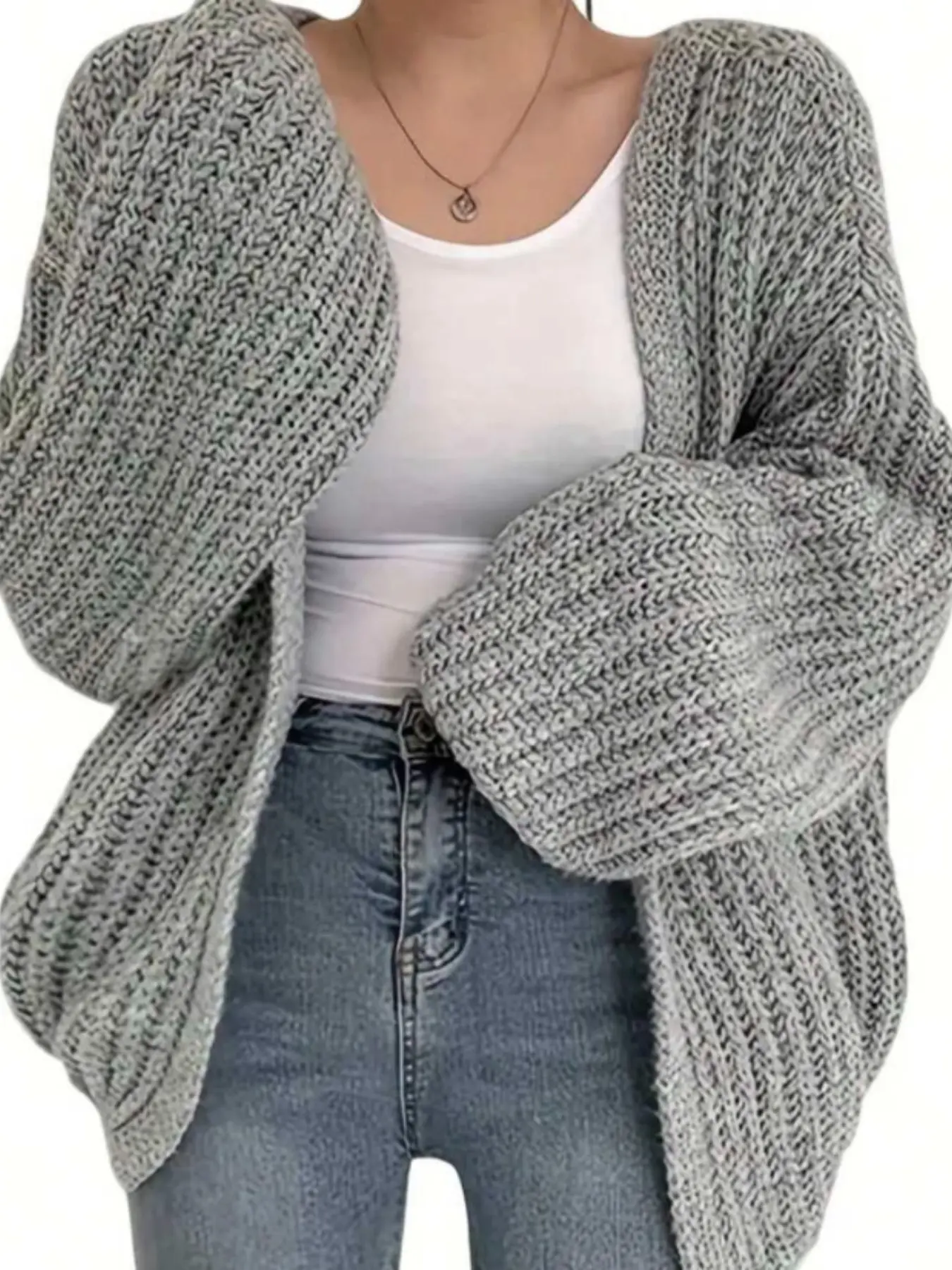 Plus Size Women's Cardigan, Lantern Sleeve Design, Cozy Knit Material, Loose Fit Sweater, Comfortable Ribbed Jacket for Fall Winter