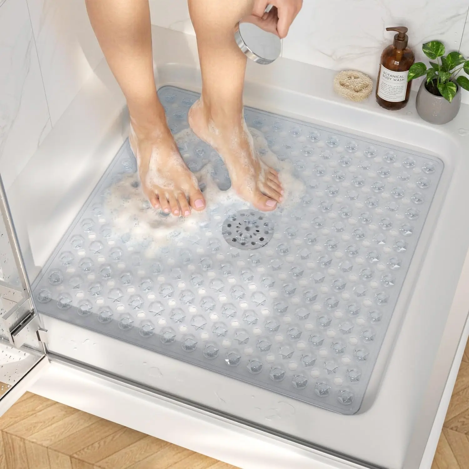 Anti-Slip Square Bathtub Shower Mat, 21x21 Inch Durable Bathroom Stall Floor Mat with Suction Cups and Drain Holes, Machine Washable, Soft
