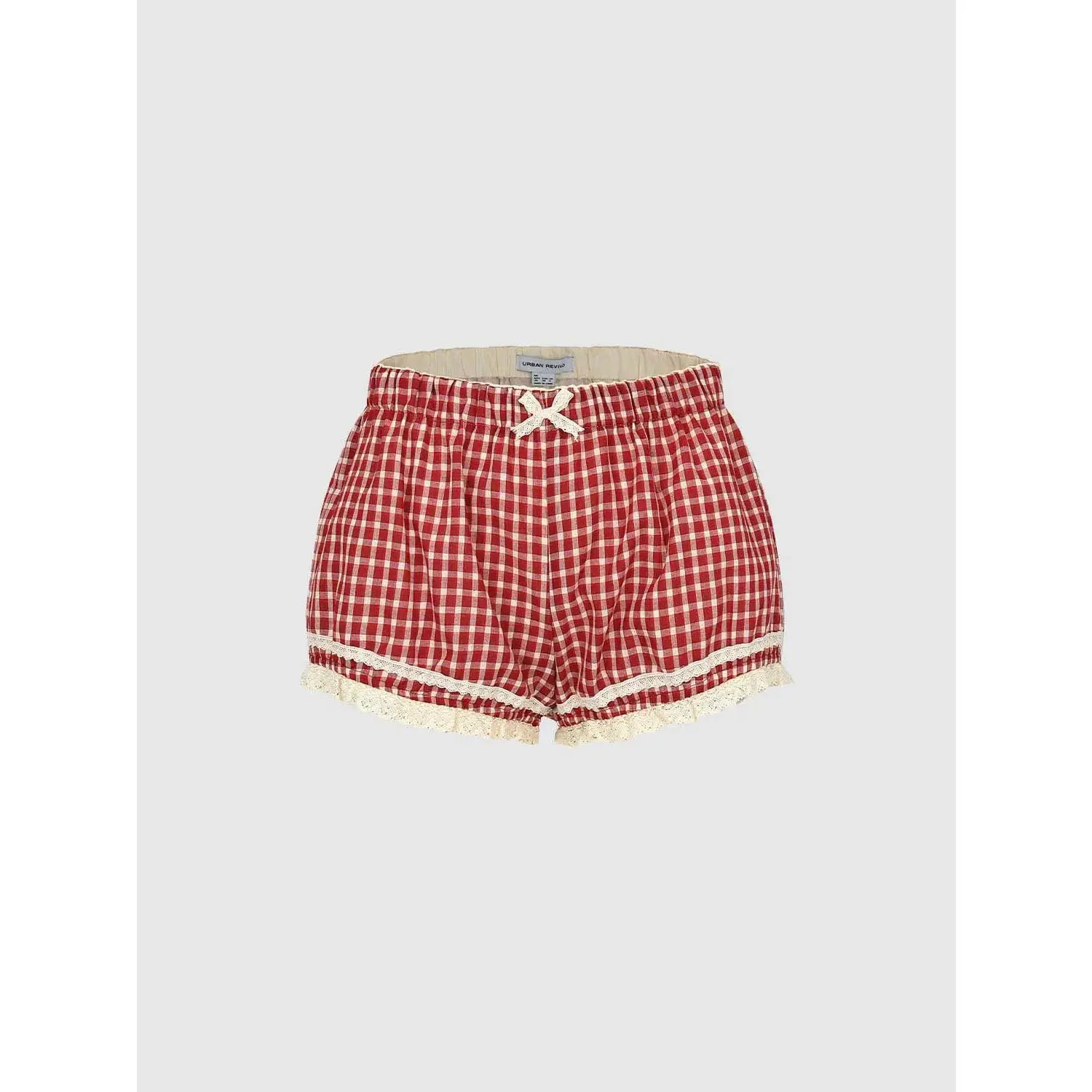 URBAN REVIVO Gingham Check Shorts, Plaid, Lace, Checkered, Cotton, Elastic, Casual