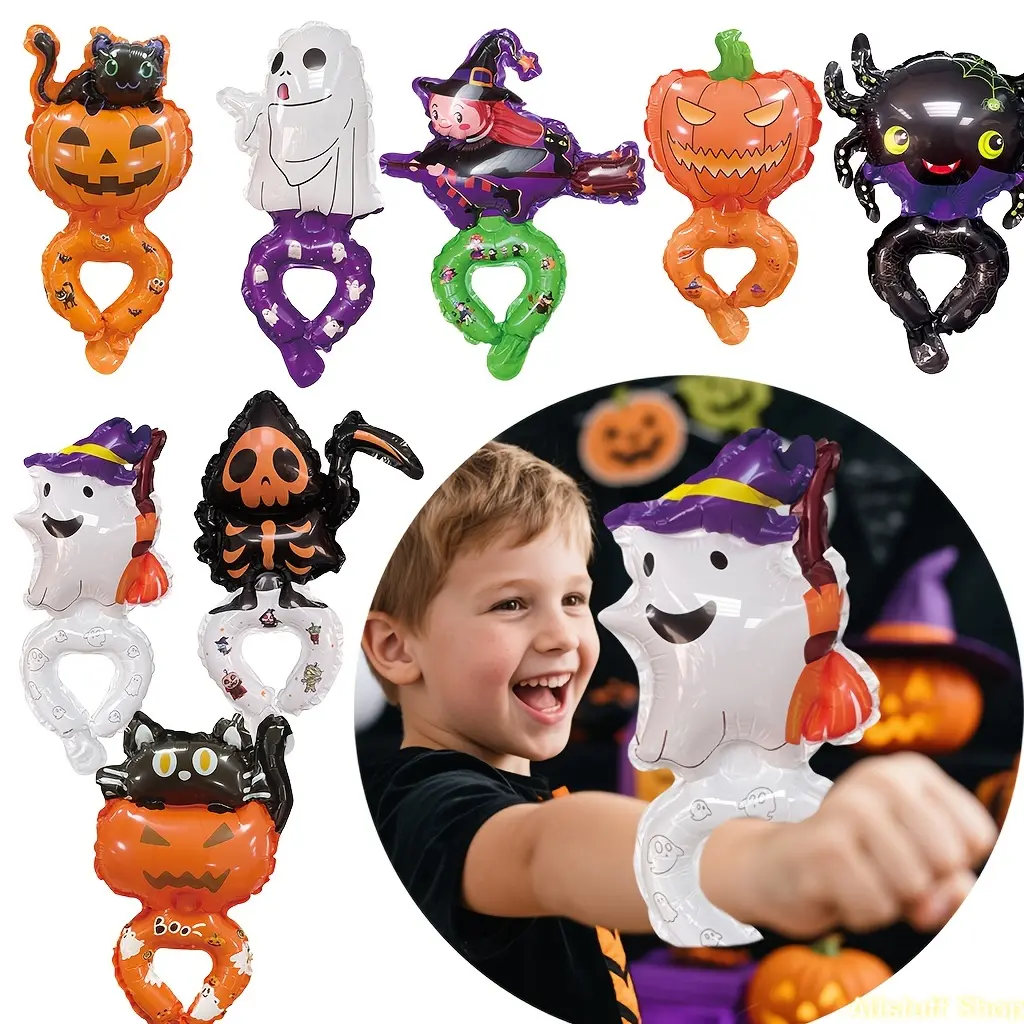 Assorted Halloween Wrist Balloons - Cartoon Character, Pumpkin, Bat, Skull Designs - Multicolor DIY Bag Accessories - No Pump Needed, Easy to Wear - Party Decorations, Parties