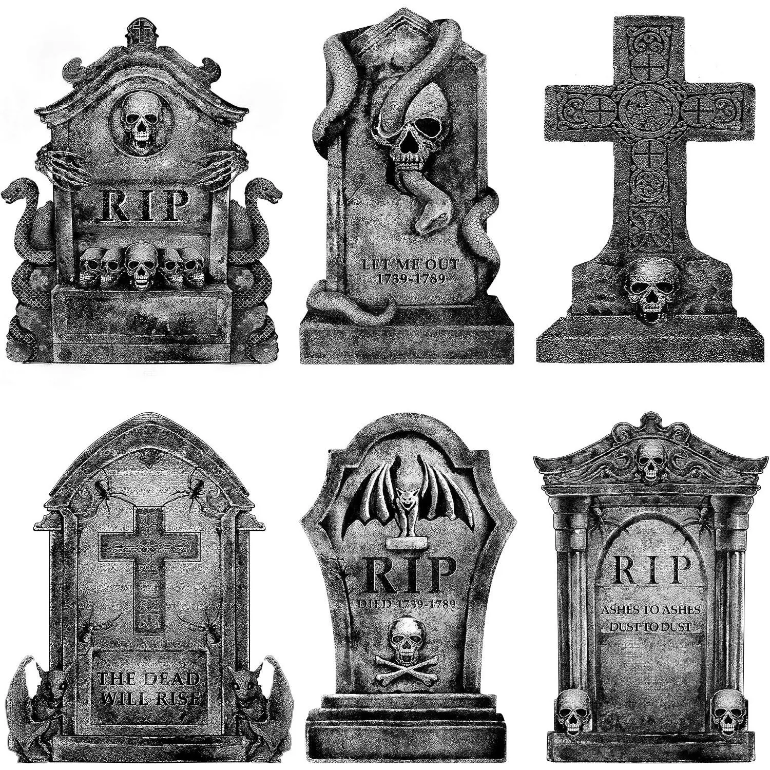 6ct Large Halloween Tombstone Yard Signs with Stakes, 16" Realistic Scary Skeleton RIP Gravestones Outdoor Lawn Cemetery Decor for Kids Home PartyGift