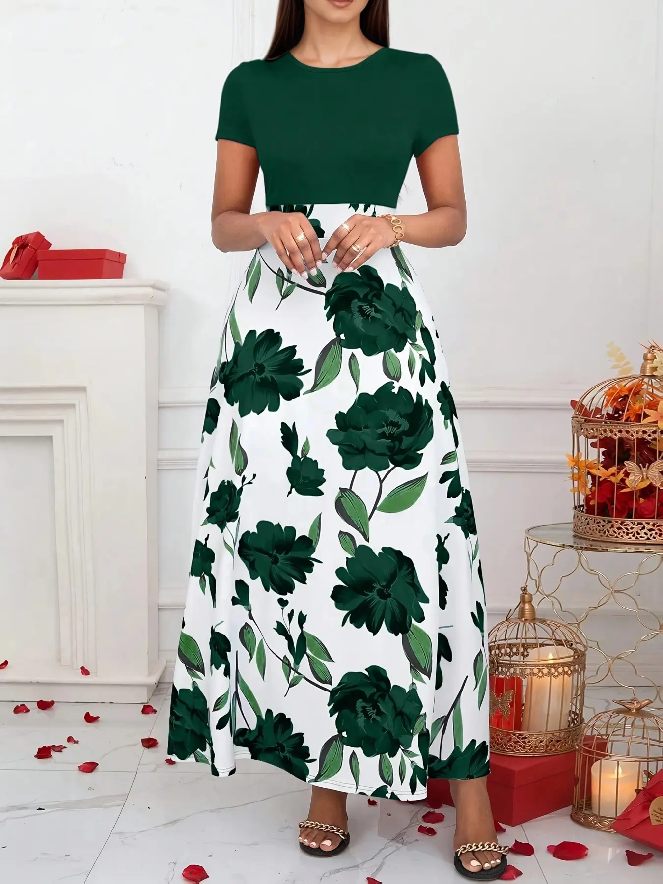 Vintage Short Sleeve Floral Midi Dress, High Waist Conceal Belly Slimming, Vacation Style Flowy Dress for Women