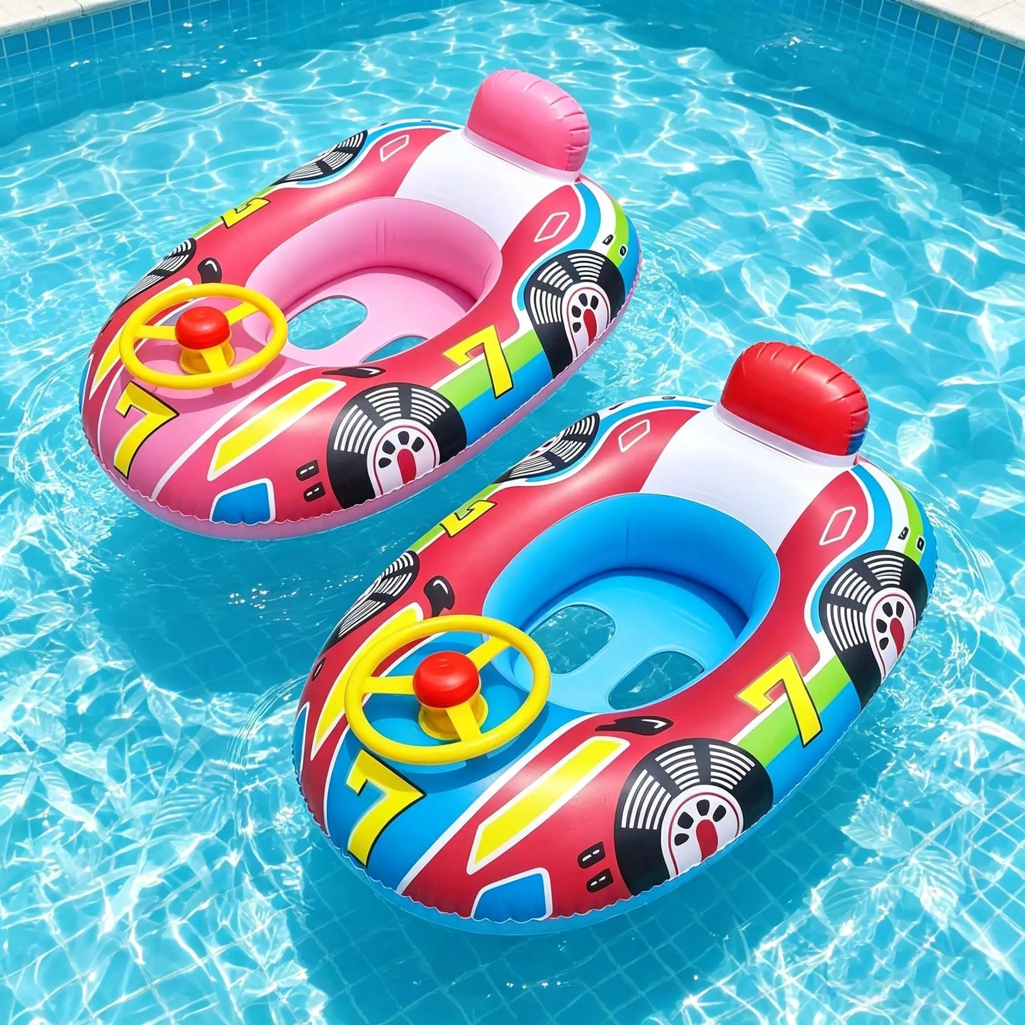 Kids' Swim Float Ring With Steering Handle & Horn, Racing Theme, Inflatable Water Seat For Children, PVC Material, Ages 3-6 - Dual Pack