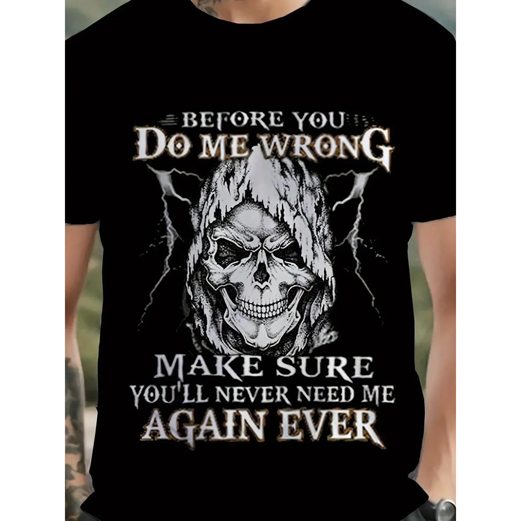 Loose Fit Graphic T-Shirt, Grim Reaper Skull Lightning Quote Printed Craft Tee, Soft Breathable Short Sleeve Top, Dark Gothic Casual Outfit For Men Women, Vintage Skeleton Letter Graphic Shirt For summervibes