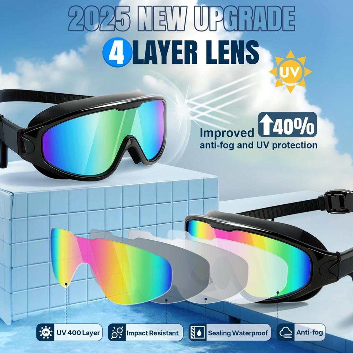 1pcs Swim Goggles, Wide View Anti-fog Swimming Goggles, Anti-UV Swimming Goggles with Ear Plugs, No Leaking Swim Glasses for Men Women Youth