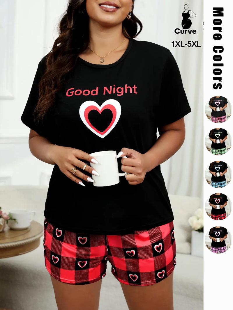 Plus Size Heart & Plaid Print Pajama Set, Casual Round Neck Short Sleeve T-shirt & Shorts Pj Set, Summer Sleepwear & Loungewear, Summer Outfits 2024, Women's Nightwear