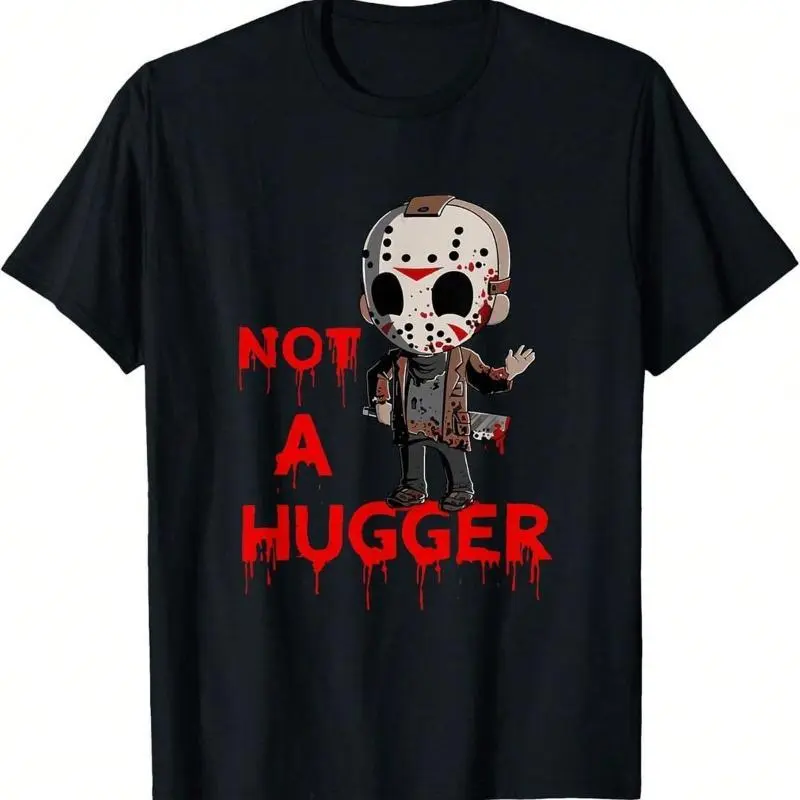 Men's Classic Round Neck Selected Cotton Knit T-Shirt - Short Sleeve, Funny Jason Friday 13th Hugger Print, Soft Breathable, DIY Fun Design, Casual Streetwear, Halloween/Christmas Gifts