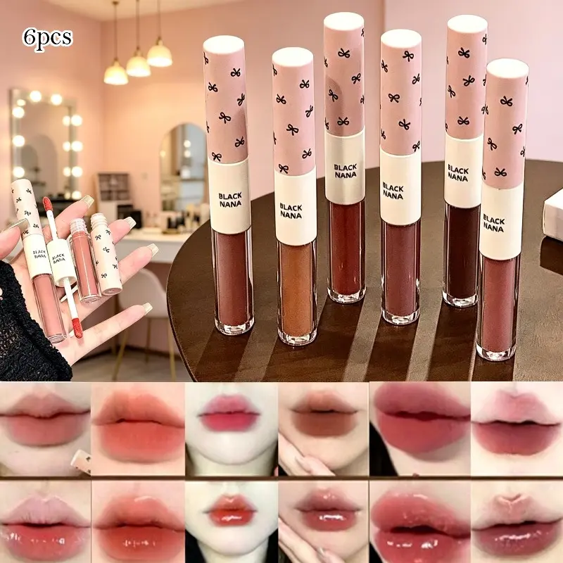 6pcs Double-ended Lip Gloss, Gloss Lipstick Set, Matte Grey-pink Lip Mud & Glossy Watery Lip Gloss 2-in-1, Brightening Versatile Nude Lipstick for Daily Natural Makeup