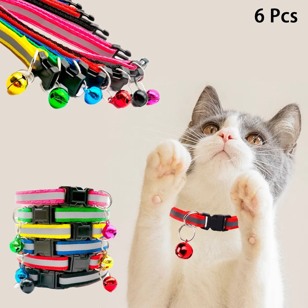 6-Piece Reflective Cat Collar Set with Bells, Random Colors for Enhanced Safety and Visibility, Durable Nylon Design for Daily Use, Reflective Collars