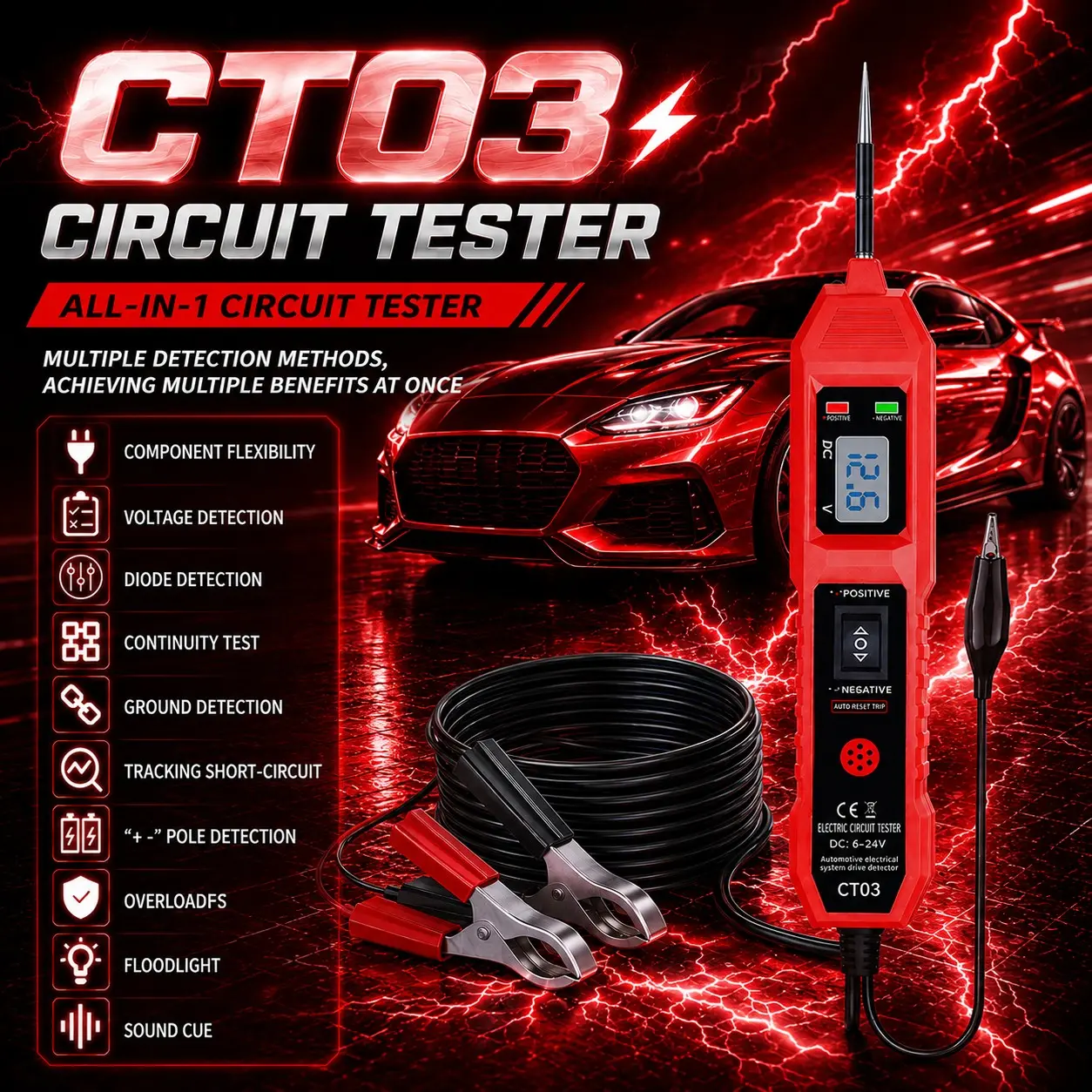 Ct03 6-24v Automotive DC Circuit Tester Pen, Automotive Continuity Tester, LED Display, Car Electrical Voltage Tester with Buzzer, Ideal for Auto Repair