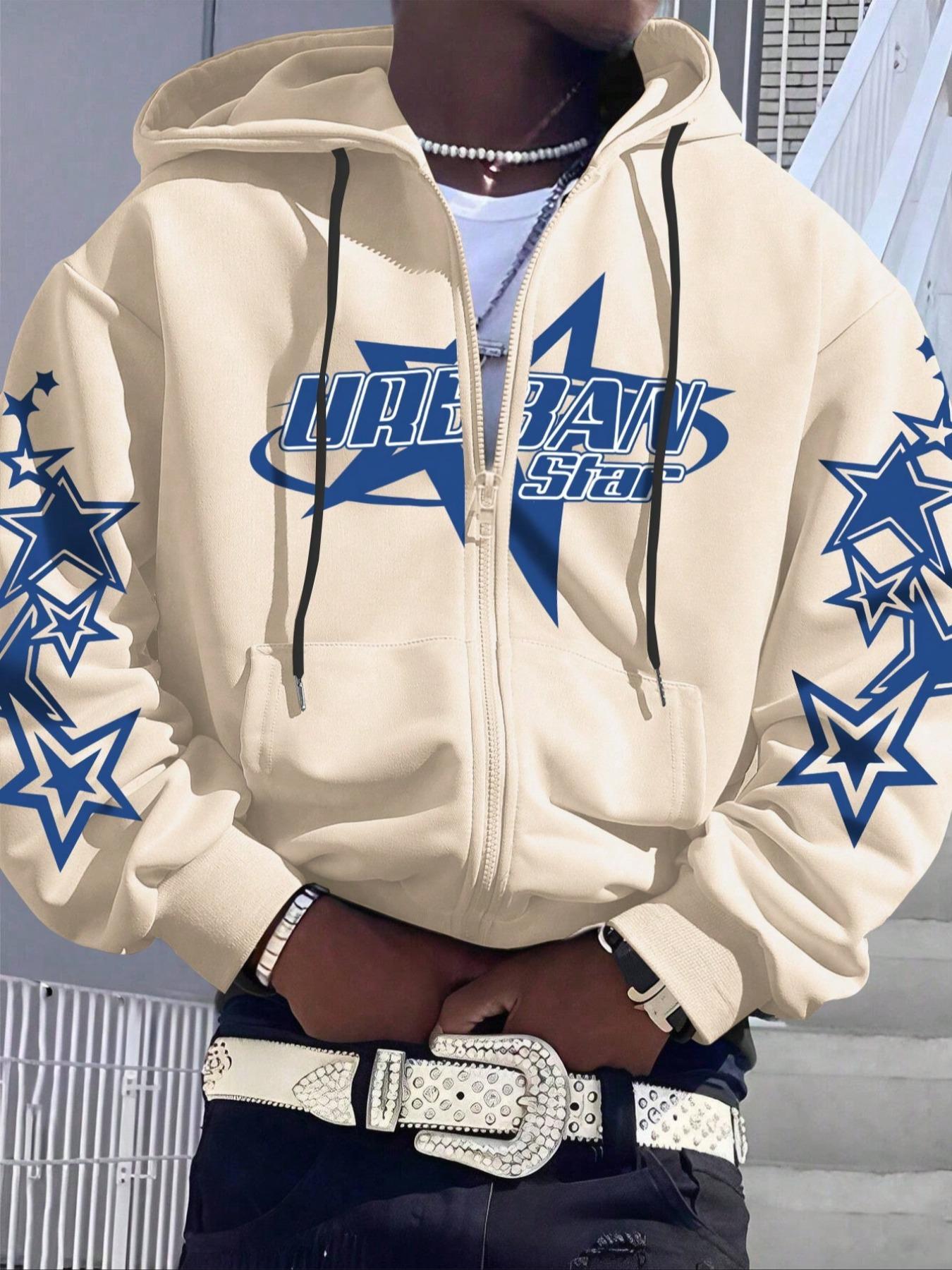 Men's Star Print Drop Shoulder Hoodie, Fashion Casual Regular Fit Drawstring Pocket Hooded Sweatshirt for Daily Holiday Outdoor Wear, Men Clothes for Fall & Winter, Streetwear Hoodie, Drawstring Pocket Hoodies