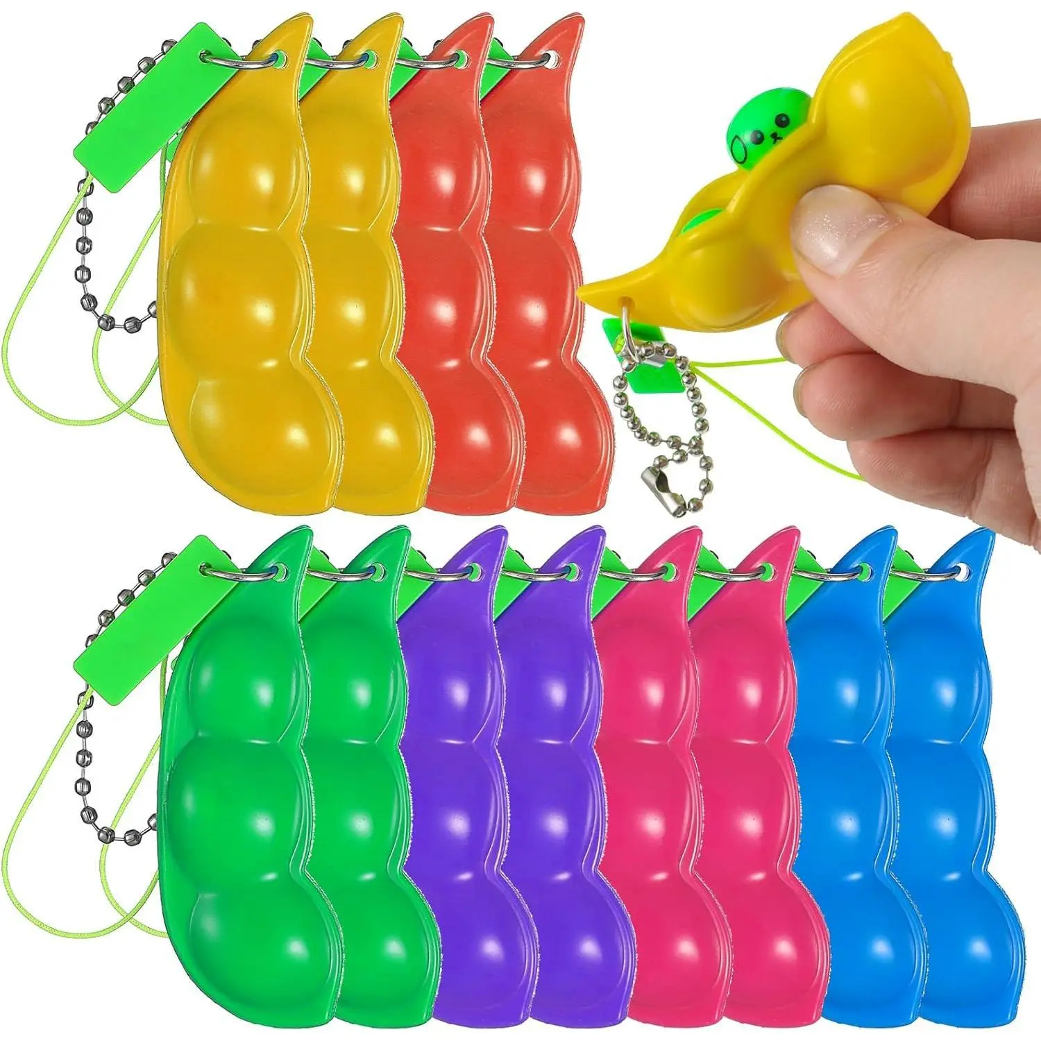 12 Pcs Squeeze Bean Keychain, Pea Pod Sensory Fidget Toys Colorful Soybeans Stress Relieving Playful Charms Fidget Toys for Stress Relief Party Favors Supplies