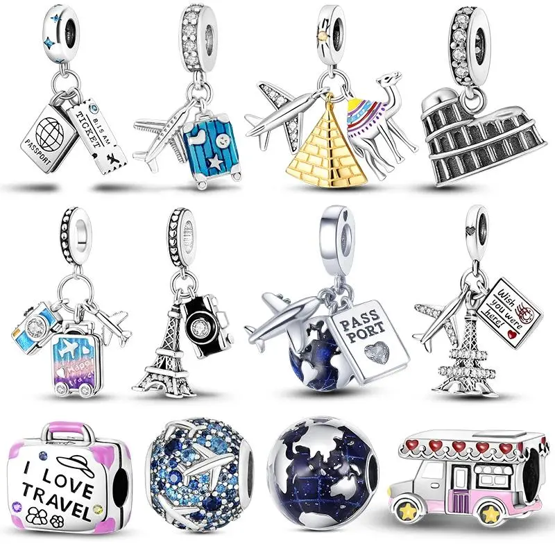 Travel Series Original Charms 925 Silver Plane World Paris Pendants Beads Fit Bracelet Jewelry Making Woman Charm