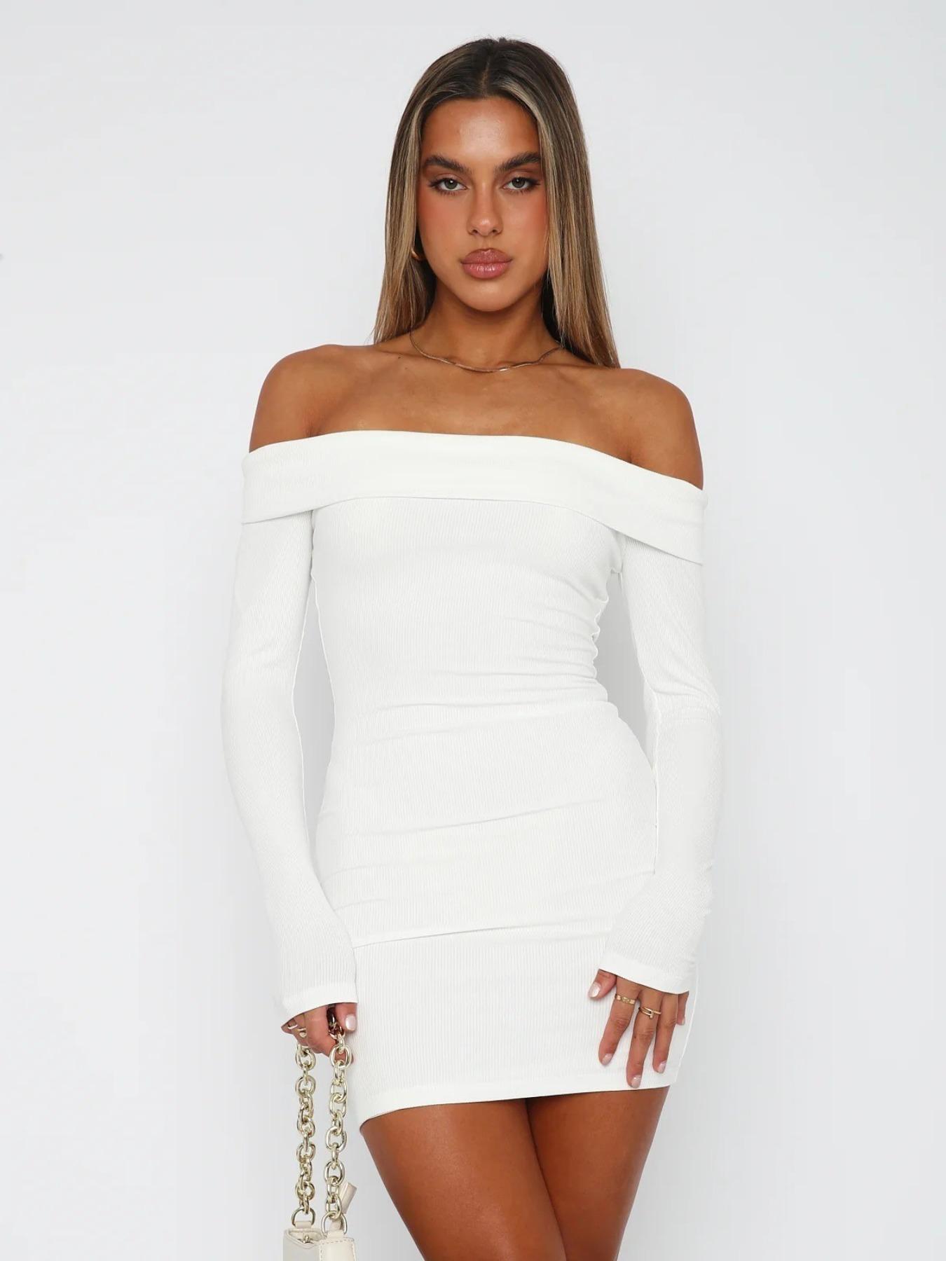 Women's Solid Off Shoulder Soft Ribbed Modal Dress, Elegant Chic Basic Fashion Casual Long Sleeve Mini Dress for Daily Outdoor Wear, Women Dress for Spring Fall, Lady, Womenswear