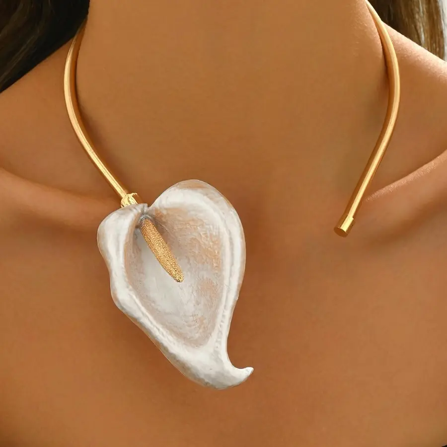 Gold Plated Collar Necklace for Women, Elegant Choker with a White Ceramic Calla Lily Flower Pendant for a Statement Look, All Seasons