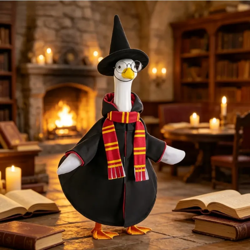 Wizard Costume Set for 23 Inch Outdoor Lawn Goose Statue, Magic Hooded Robe with Witch Hat, Round Glasses & Red Gold Striped Scarf, Halloween Decorations Outdoor Magic Library Style Front Porch Garden Yard Decor Accessories