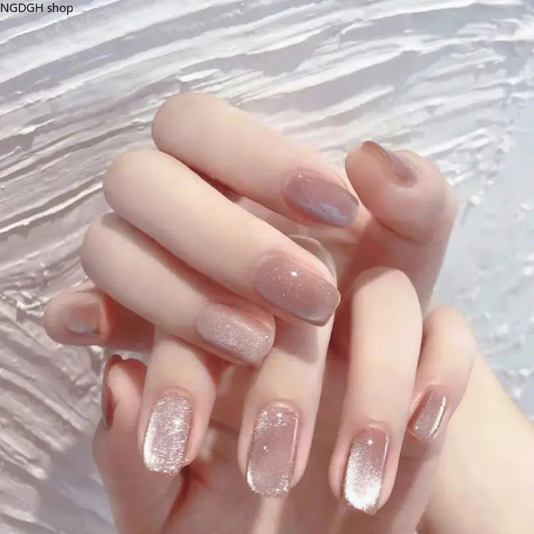 Cat Eye Nails - Pink Chrome Glitter Press On Fake Nails, Shimmer Magnetic Short Medium Nail Art for Women Girls Party Daily
