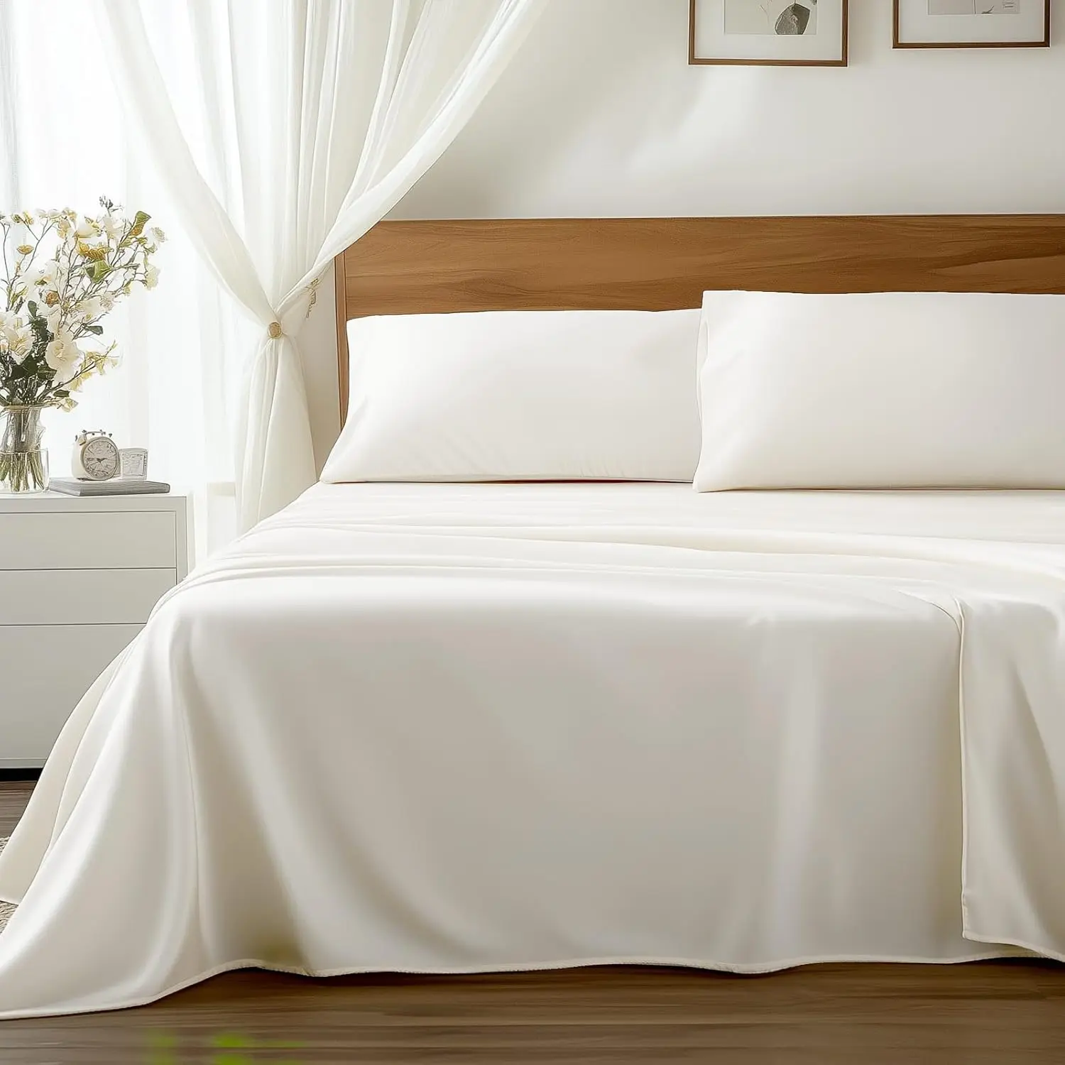 Bamboo Viscose 4-Piece Full Bed Sheets Set - Soft Cooling, Deep 16", Hypoallergenic, Breathable, Luxury Look Milky White Hotel Bedding, Oeko-Tex Certified