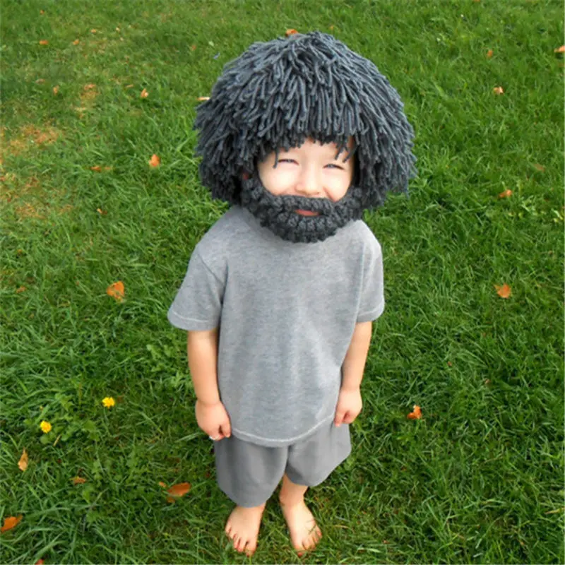 Funny Caveman Wild Man Beard Wig Knitted Hat, Handmade Fuzzy Costume Beanie for Halloween Cosplay Party Stage Performance, Adult & Kids One Size