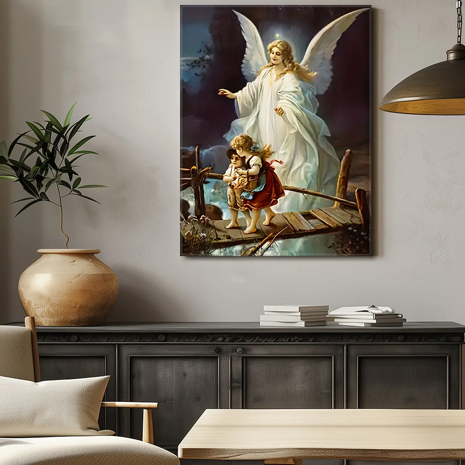 Framed Religious Guardian Angel Canvas Art - Artistic Inspirational Wall Decor for Bedroom, Living Room, Home Supplies & Religious Decorations
