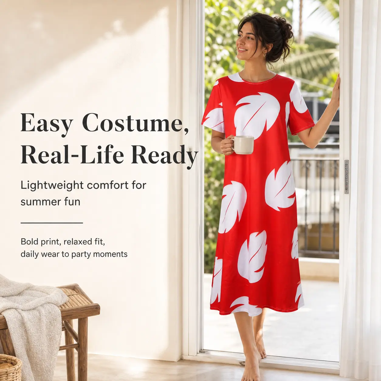 Women Red White Leaf Print Short Sleeve Midi Dress, Casual Hawaiian Lilo Cosplay Costume Dress
