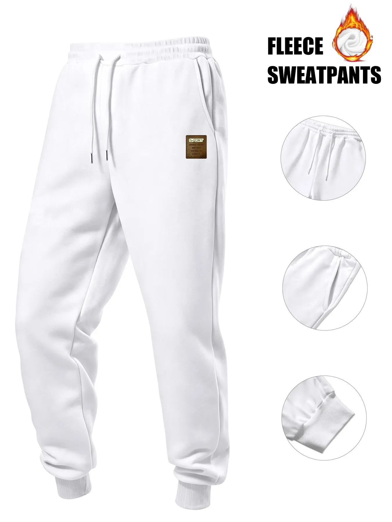 Men's New Fall Winter Fleece-Lined Jogger Pants, Warm Thick Long Pants with Sporty Patch Design, Loose Comfort Drawstring Pockets, Casual Daily Wear