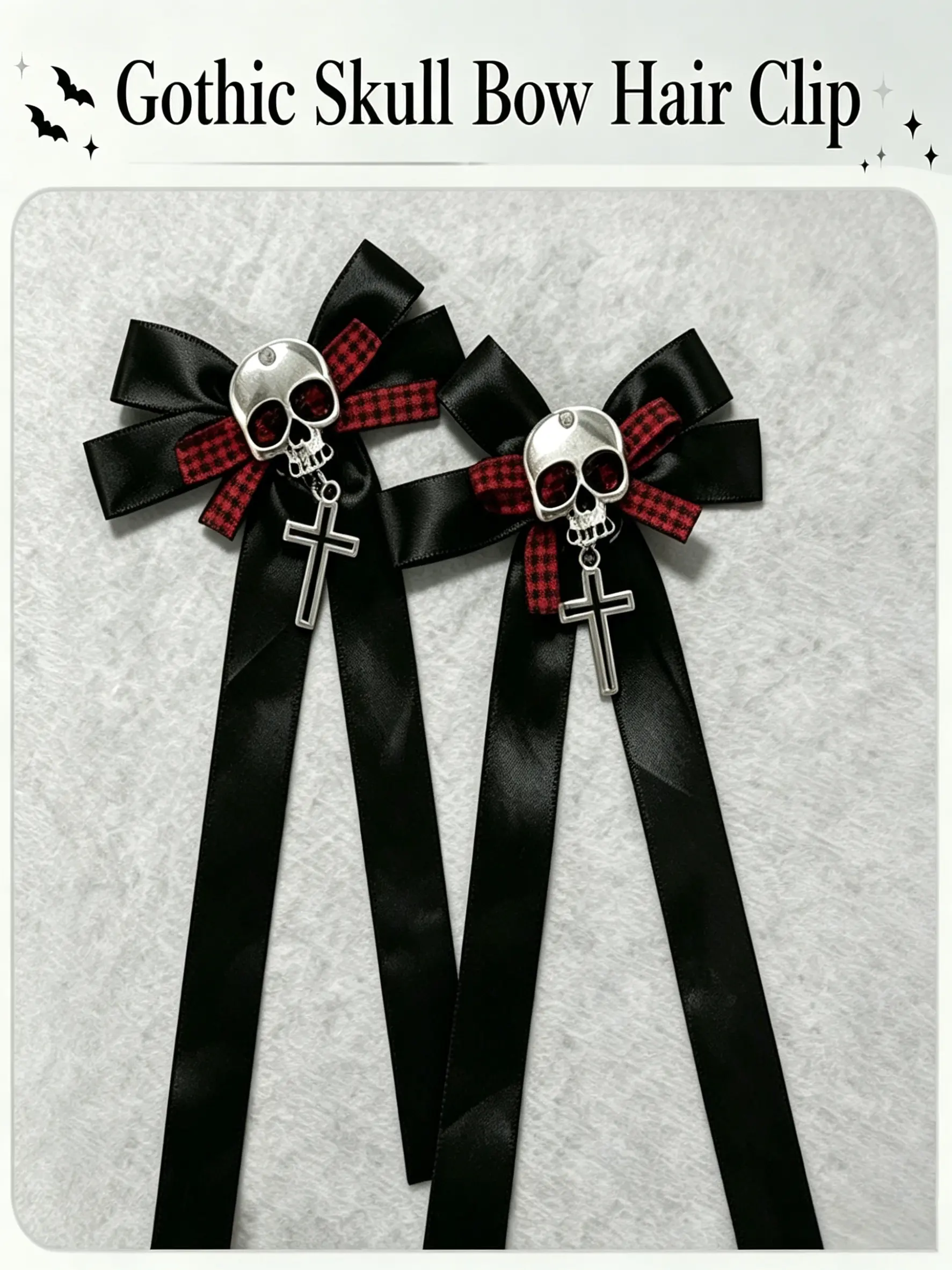2pcs Gothic Skull Hair Clips, Ribbon Cross Pendant, Punk Style Plaid Hair Accessories, Halloween Lolita Costume Props