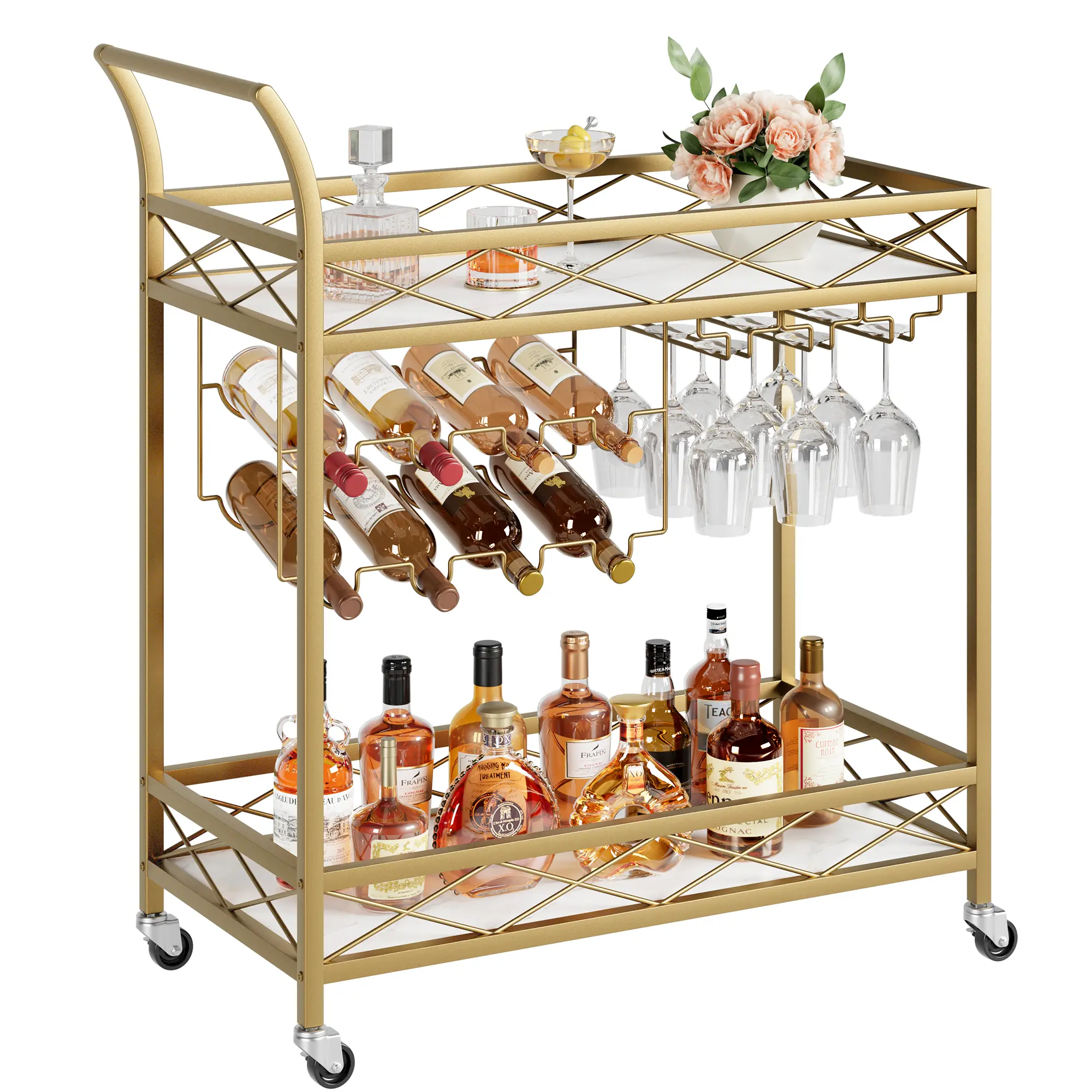 Elegant Gold Bar Cart with Wine Rack & Glass Holder, 2-Tier Rolling Serving Cart with White Marble Wood Shelves, Stylish Bar Furniture for Kitchen, Dining Room & Living Room