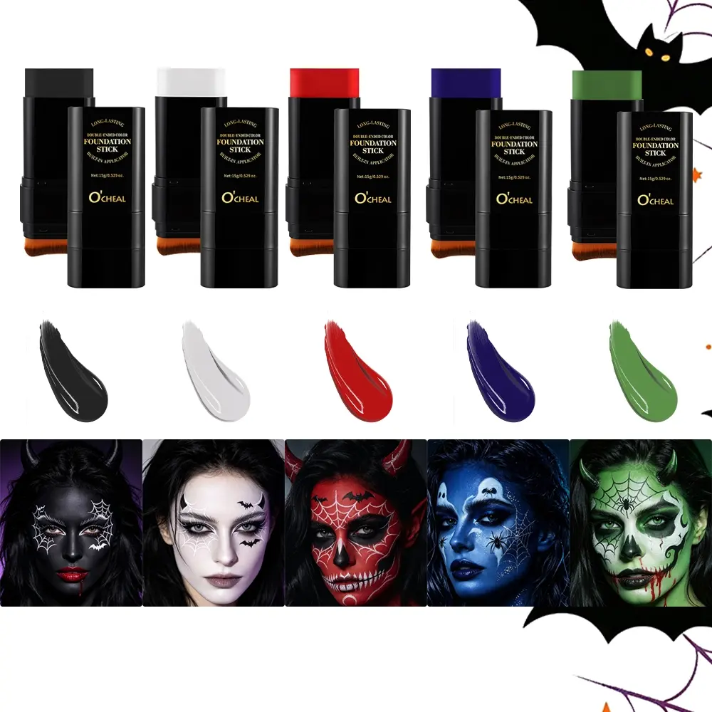 Halloween Double-Ended Color Foundation Stick with Brush, Face Body Paint Makeup Stick, Long Lasting Full Coverage Cream Foundation for Halloween Cosplay Costume Party Stage Special Effects Makeup