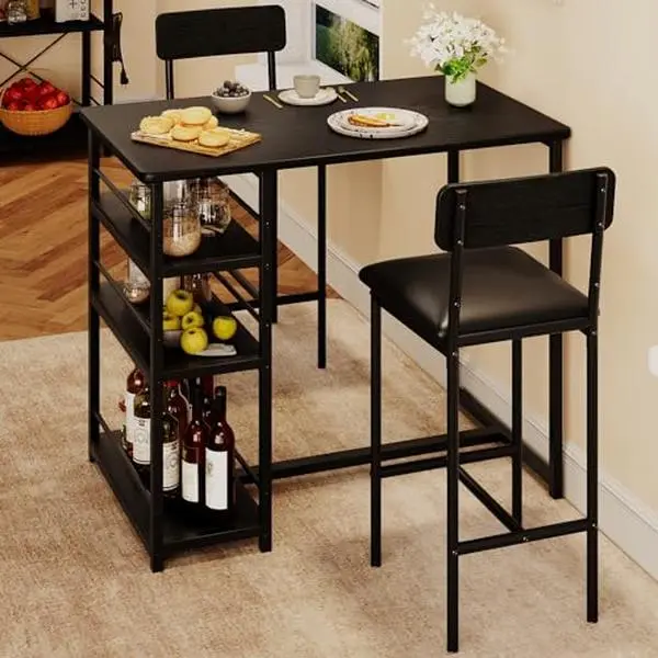 GARVEEDining Table Set for 2, Bar Height, Upholstered Chairs, MDF Board & Steel, 3 Storage Shelves, Small Space Solution