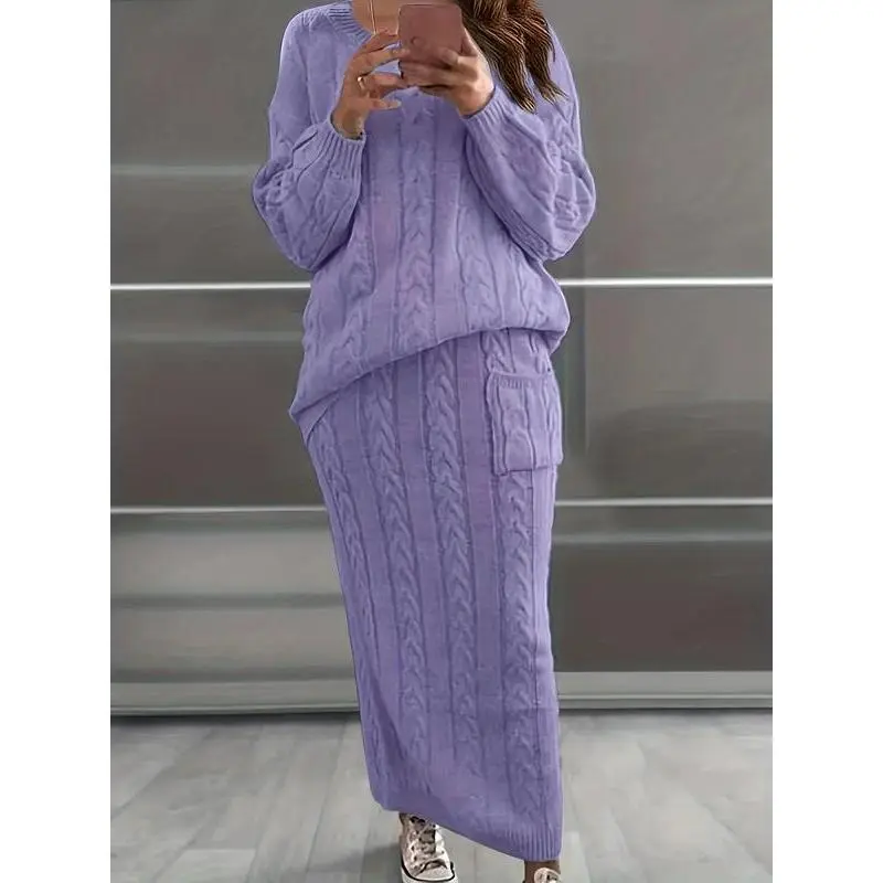 Women's Solid Cable Knit Sweater & Pocket Skirt Set, Long Sleeve Round Neck Jumper & Long Skirt, Two-piece Outfits for Daily Wear