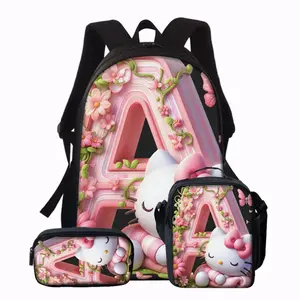 Hello Kitty Cartoon Alphabet Backpack Set — "A–Z" Letter Theme & Floral Pattern 3-Piece Set (Includes Lunch Box & Pencil Case) — High Capacity, Ideal for Travel, Gym, and Office Commuting | Features Adjustable Straps, Spacious Main Compartment with Zipper