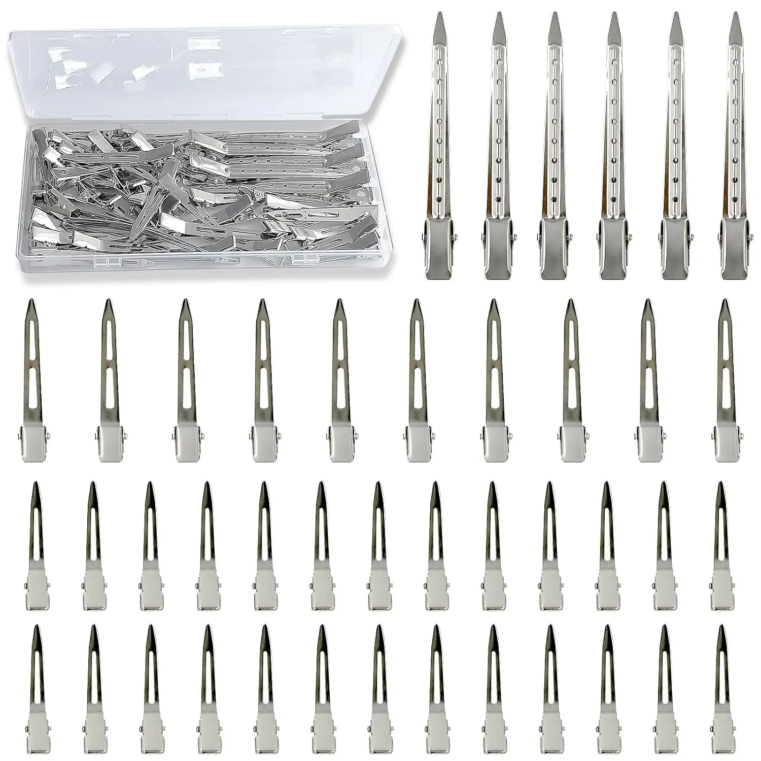 42 count Styling Hair Clips Set:  Metal Duck Billed Clips for Women's Hairstyling, Long Duckbill Pins,  Rollers with Case