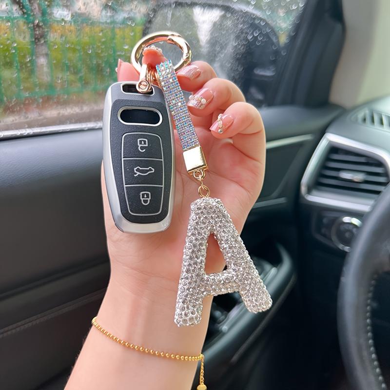 Dazzling Crystal Rhinestone Alphabet Keychain, Elegant Letter Key Ring, Bling Car Key Accessory for Women with Bag Charm keyring