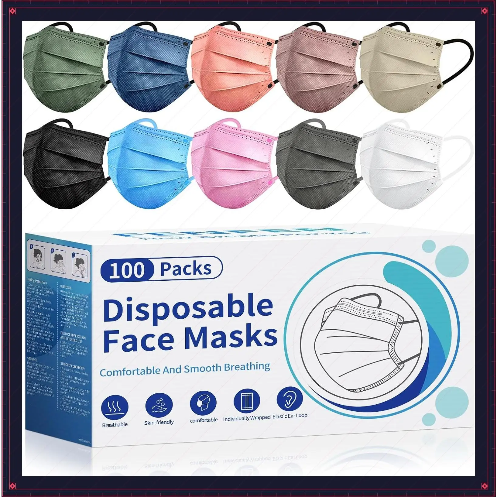 Disposable Face Mask For Adults - Travel Essentials, 100 Pack Individually Wrapped, 4 Ply Protection,Safety Masks DisposableGift