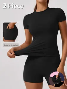 Women's Sweet Sports Short Sleeve High Waist Tummy Control Butt Lifting Shorts Set Side drop-in pockets Summer Solid Color Slim Workout Yoga Set for Sports Gym Daily wear