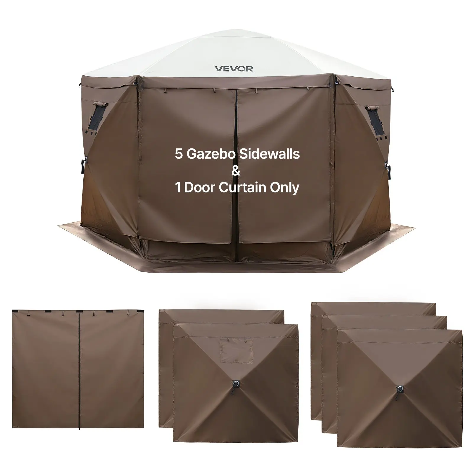 VEVOR Canopy Sidewalls (6 Brown Only), 5.67x4.85 ft, Waterproof Sun-Protective Tent Walls with Hook-and-Loop Fasteners, 1 Zippered Door & 2 Windows for Car Camping, Commercial Events, Street Vending Craft Fairs