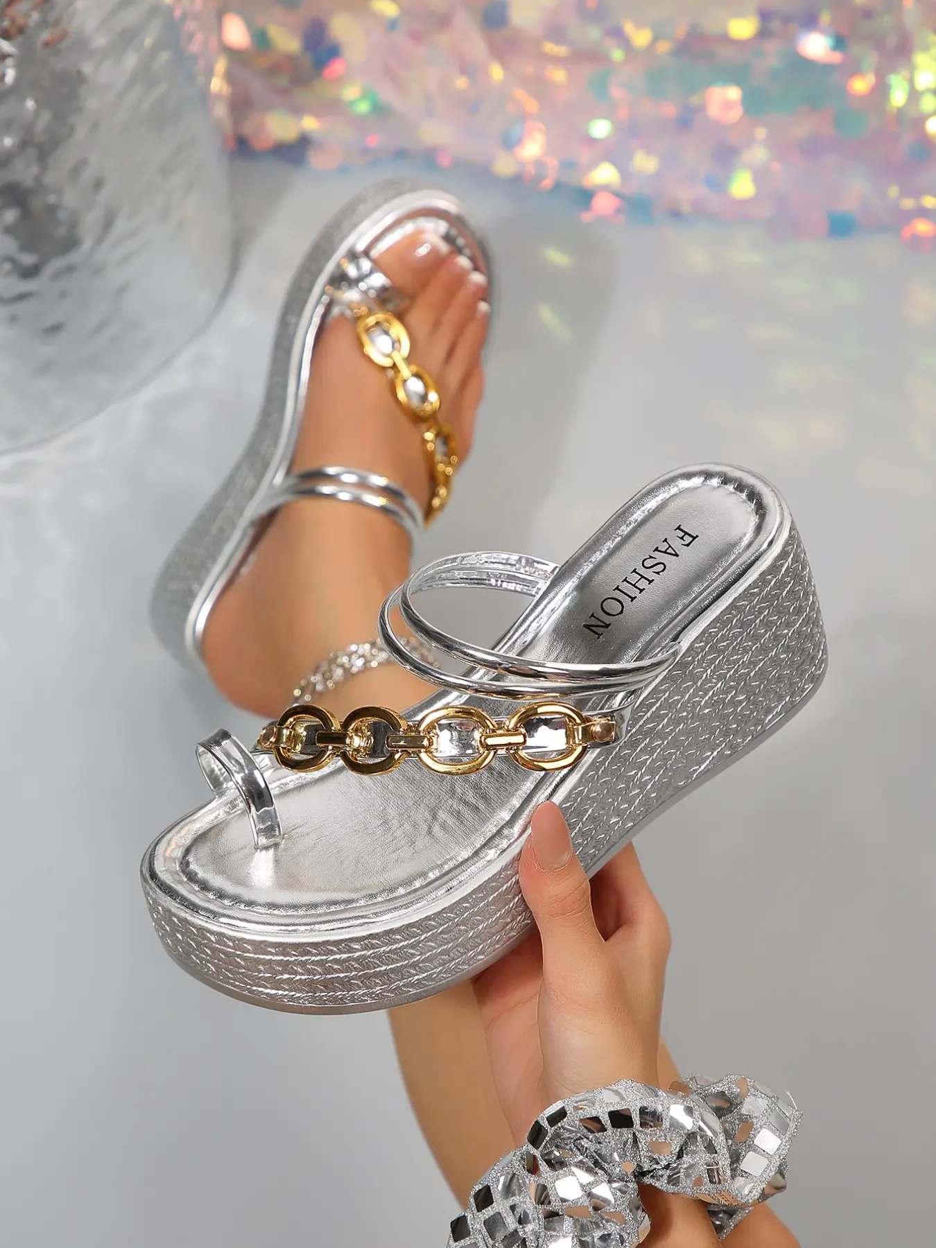 Women's Silver Color Metallic Gold Chain Decor Wedge Flip Flops, Double Thin Strap Platform Thong Sandals, Shiny Elevated Slippers for Beach Party Vacation