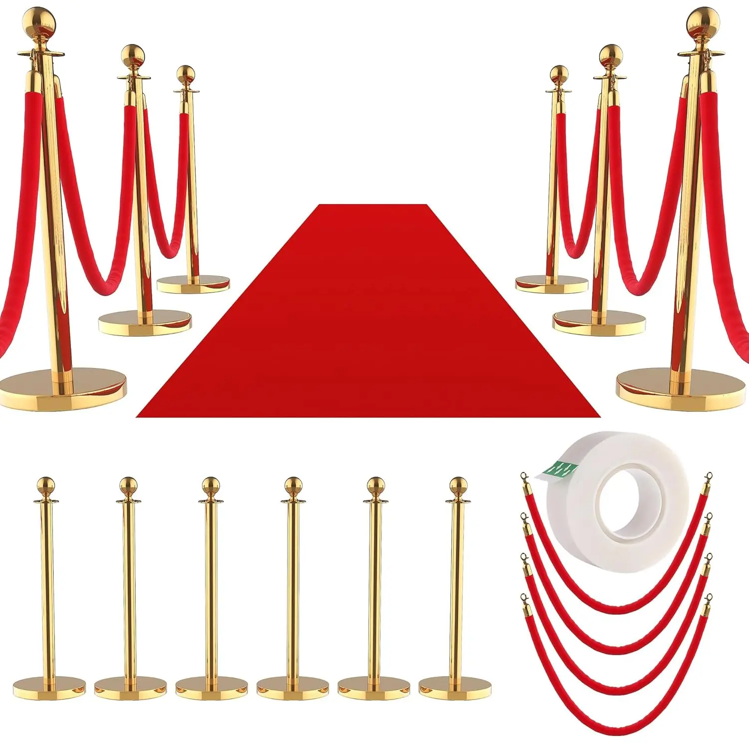 Stainless Steel Stanchion Set with Retractable Belt & Red Velvet Rope, Crowd Control Barrier for Events. Weather-Resistant, Tool-Free Assembly. For Wedding, Hotel, Theater, Retail. 6/8/12 Pack Options. Professional Queue Management