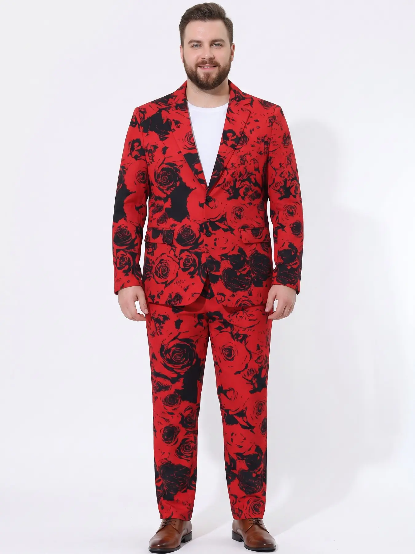 Plus-Size Men's Red-Soled Black Rose Print Suit Set, Vintage Floral Eye-Catching Stage Two-Piece Suit